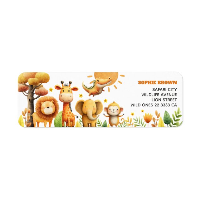 Cute Safari Animals ZOO Wildlife Return Address  Returadress Etikett (Framsidan)