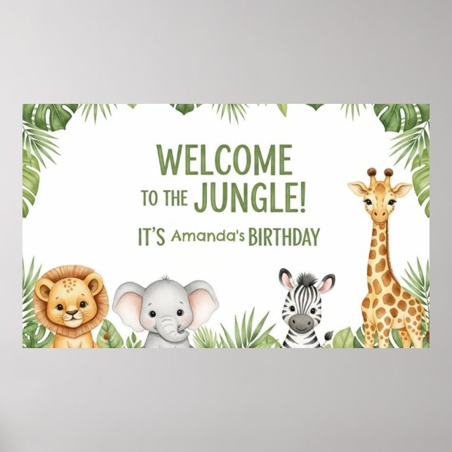 Cute Safari Baby Animals Welcome Birthday Poster (Framsidan)