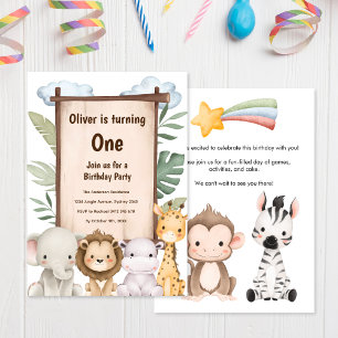 Cute Safari Baby djur, inbjudan på födelsedagen