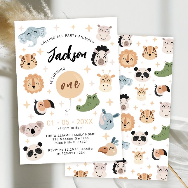 Cute Safari Djuren 1:a födelsedagarinbjudan Inbjudningar (Skapare uppladdad)