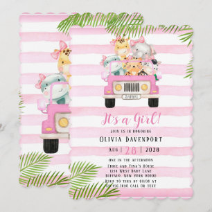 Cute Safari Elephant & Friends Girl Baby Shower Inbjudningar
