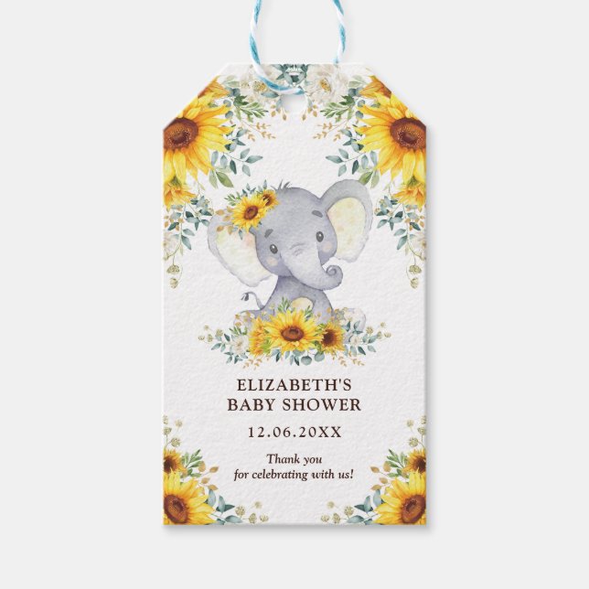 Cute Safari Elephant SunblommBaby Shower Favor Presentetikett (Framsidan)