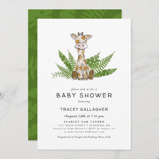Cute Safari Giraffe med Jungle Löv Baby Shower Inbjudningar (Fram/baksida)