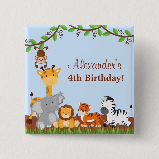 Cute Safari Jungle Animal Boy Birthday Button Knapp (Framsida)