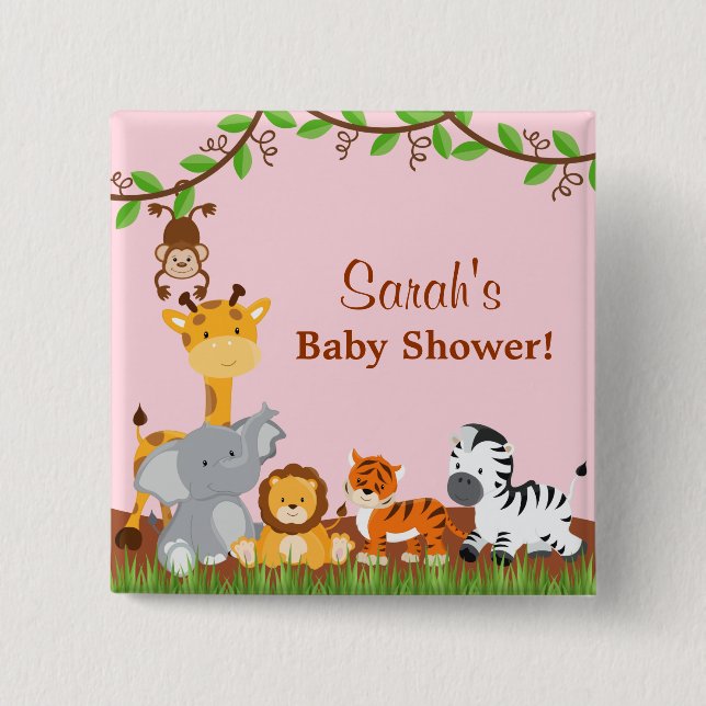Cute Safari Jungle Animal Girl Baby Shower Button Knapp (Framsida)