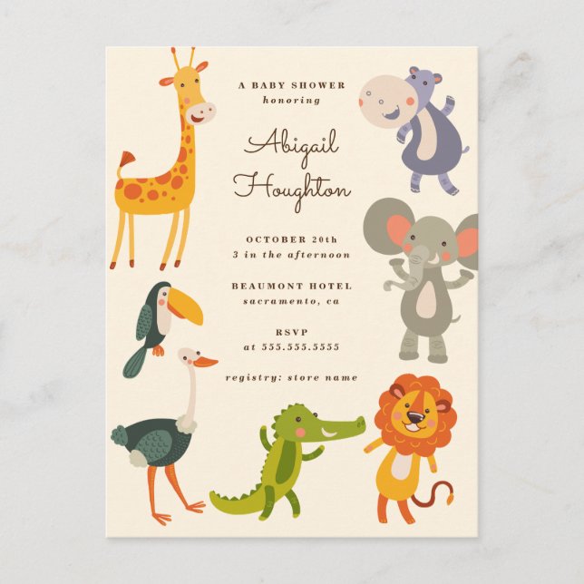 Cute Safari Jungle Animal Thabel Baby Shower Inbjudan Vykort (Framsida)