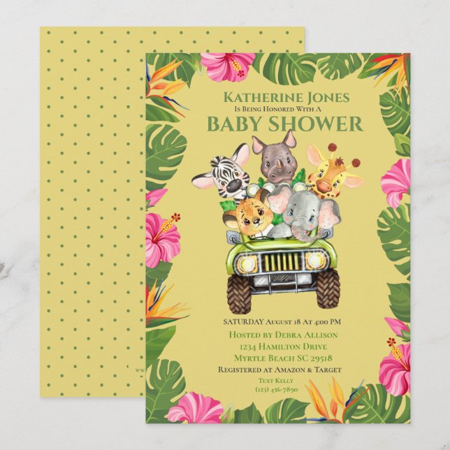 Cute Safari Jungle Animals Baby Shower-inbjudan Inbjudningar (Fram/baksida)
