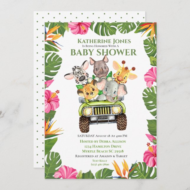 Cute Safari Jungle Animals Baby Shower-inbjudan Inbjudningar (Fram/baksida)