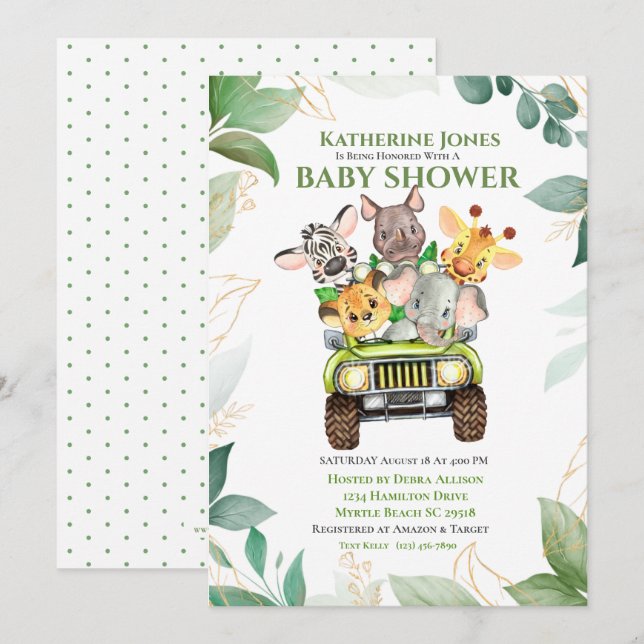 Cute Safari Jungle Animals Baby Shower-inbjudan Inbjudningar (Fram/baksida)