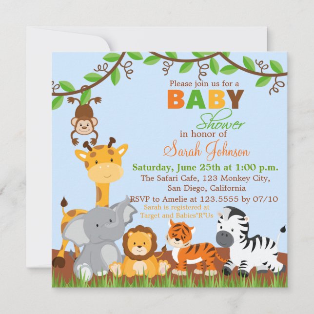 Cute Safari Jungle Animals Baby Shower-inbjudan Inbjudningar (Framsida)