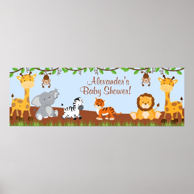 Cute Safari Jungle Animals Boy Shower Banner Poster (Framsidan)