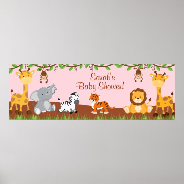 Cute Safari Jungle Animals Girl Baby Shower Banner Poster (Framsidan)