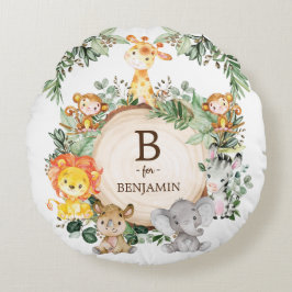 Cute Safari Jungle Animals Monogram Baby Nursery Rund Kudde