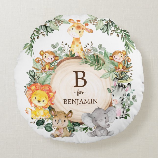 Cute Safari Jungle Animals Monogram Baby Nursery Rund Kudde (Framsidan)