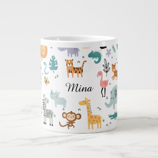Cute Safari Jungle Animals Personalized Baby Name Jumbo Mugg (Framsidan)