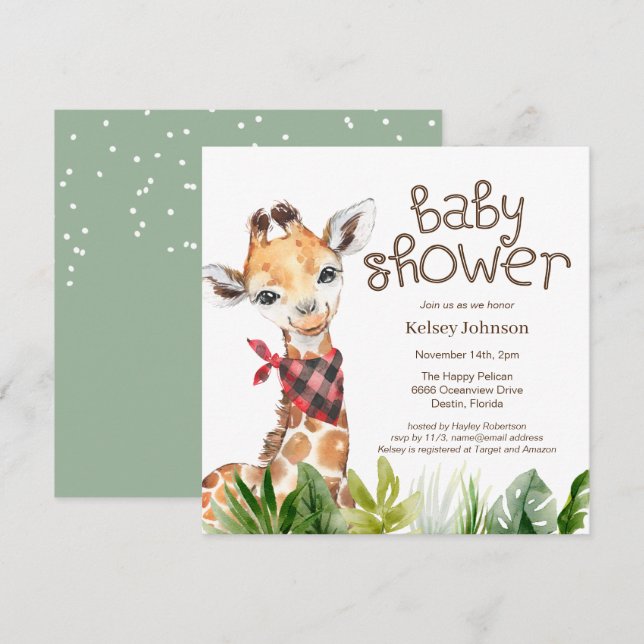 Cute Safari Jungle Giraffe Baby Shower-inbjudan Inbjudningar (Fram/baksida)