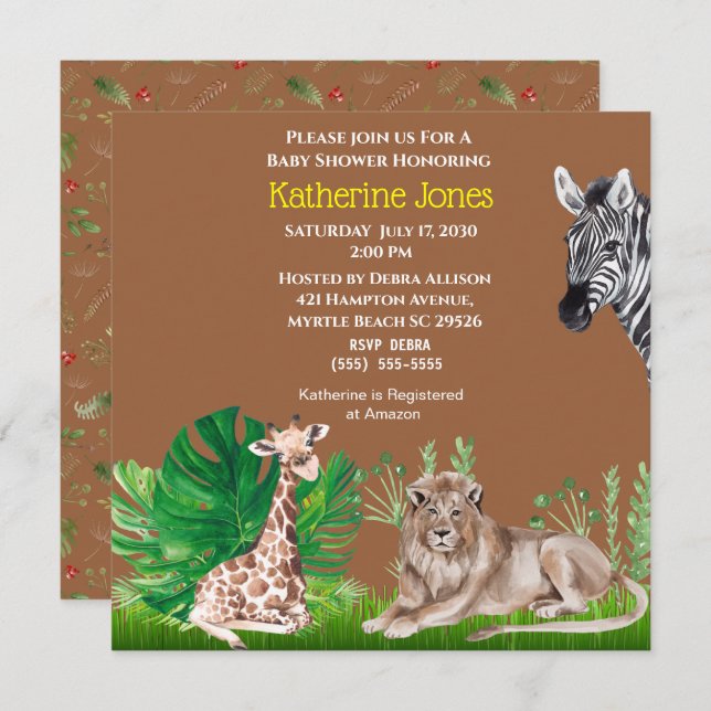 Cute Safari Jungle Lejon Giraffe Zebra Baby Shower Inbjudningar (Fram/baksida)