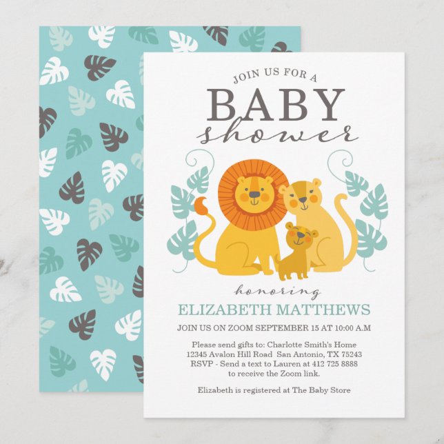 Cute Safari Jungle Lejon Virtuell Boy Baby Shower Inbjudningar (Fram/baksida)