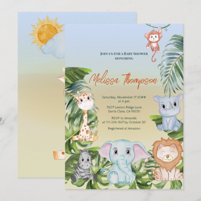 Cute Safari Jungle Little Animals Baby Shower Inbjudningar (Fram/baksida)