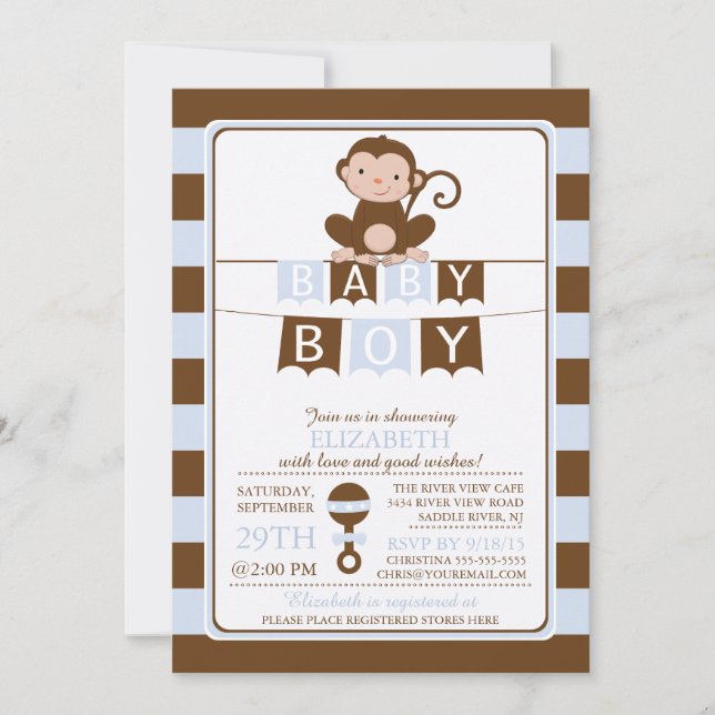 Cute Safari Monkey Boys Baby Shower-inbjudan Inbjudningar (Framsida)