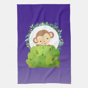 Cute Safari Monkey med tropiskt Löv på Lila Kökshandduk