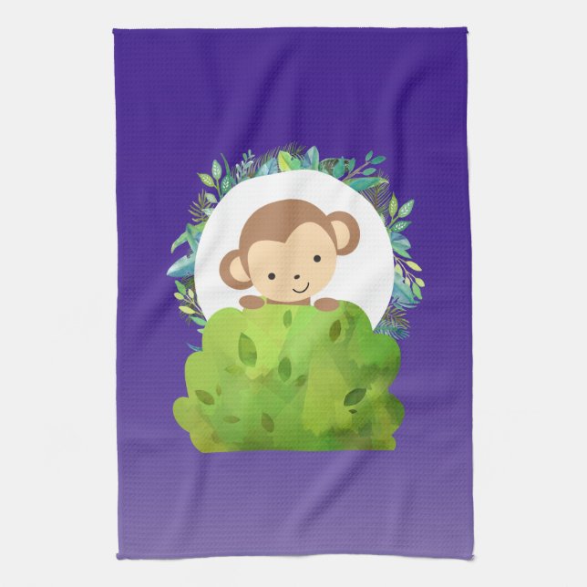 Cute Safari Monkey med tropiskt Löv på Lila Kökshandduk (Vertikal)