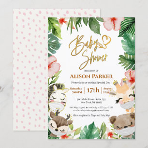 Cute Safari Rosa Blommigt Greenery Baby Shower Inbjudningar