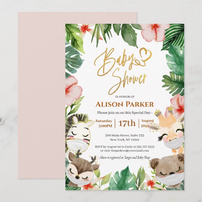 Cute Safari Rosa Blommigt Greenery Baby Shower Inbjudningar (Fram/baksida)