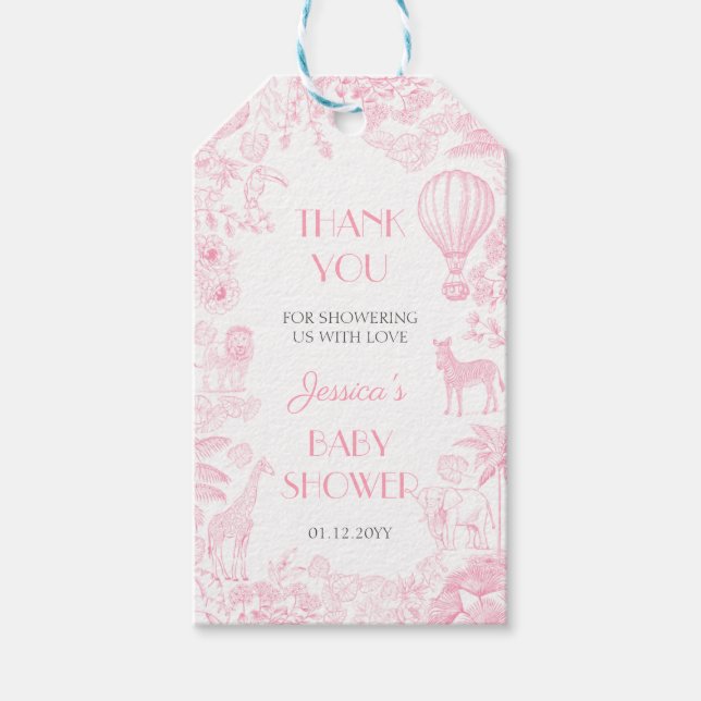 Cute Safari Rosa de Jouy Blue Baby Shower Presentetikett (Framsidan)