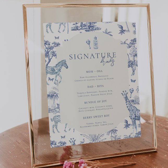 Cute Safari Toile de Jouy | Blått babyskor, dryck Poster (Skapare uppladdad)