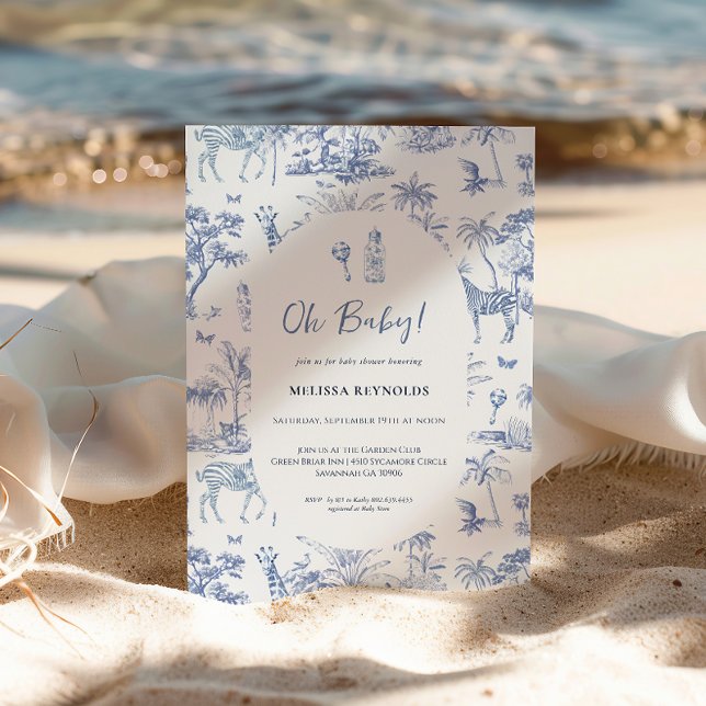 Cute Safari Toile de Jouy | Blue Baby Shower Inbjudningar (Skapare uppladdad)