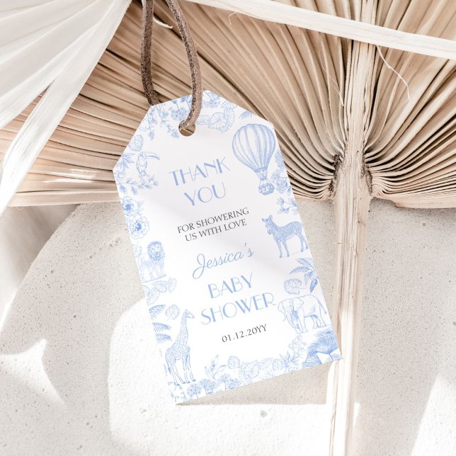 Cute Safari Toile de Jouy Blue Baby Shower Presentetikett (Skapare uppladdad)