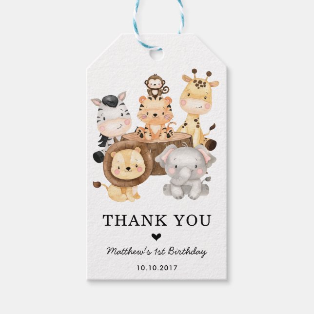 Cute Safari Vild En pojke 1:a födelsedagspartiet-f Presentetikett (Framsidan)