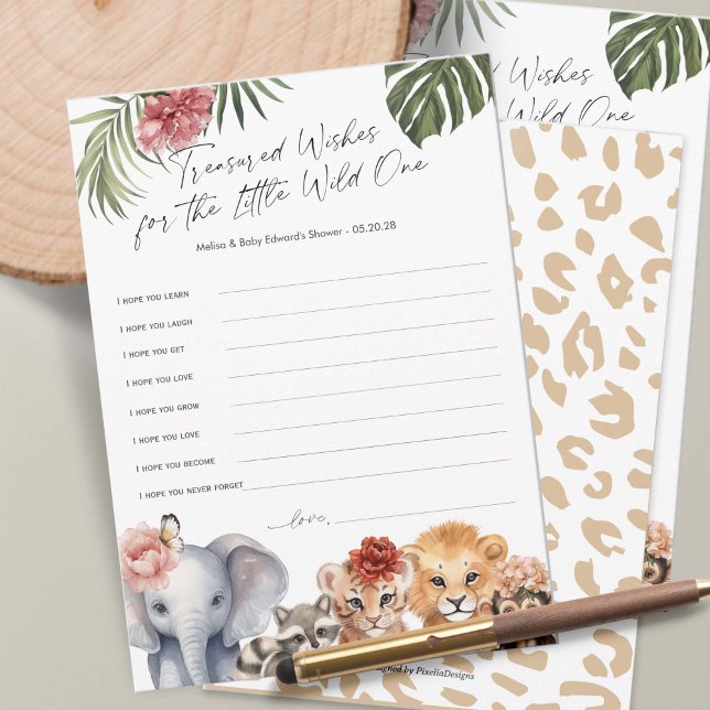 Cute Safari Vild Ett Flicka Önskemål-kort Rådkort (Baby Girl Shower wishes for baby game, Wild One Safari Animals Themed Baby Shower.)