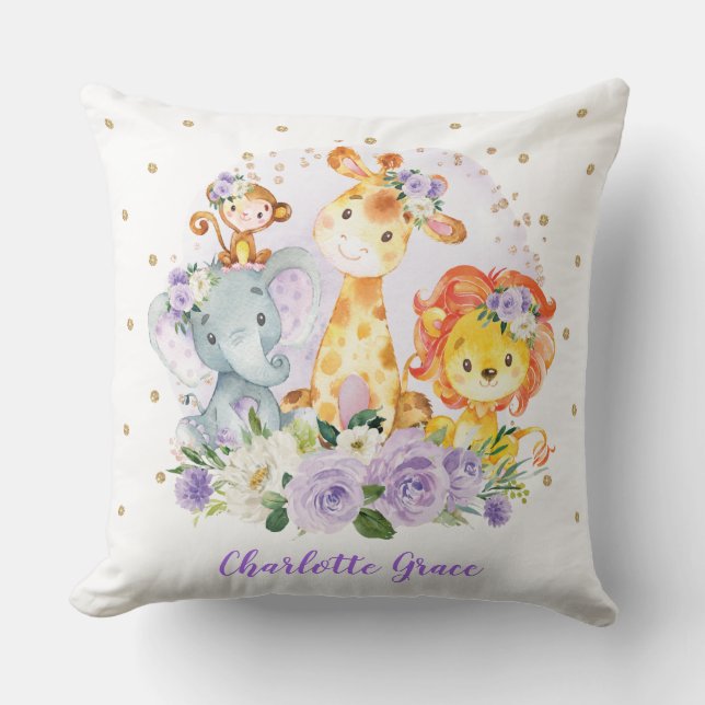 Cute Safari Vilda djur + Lila Rosor Greenery Kudde (Framsida)