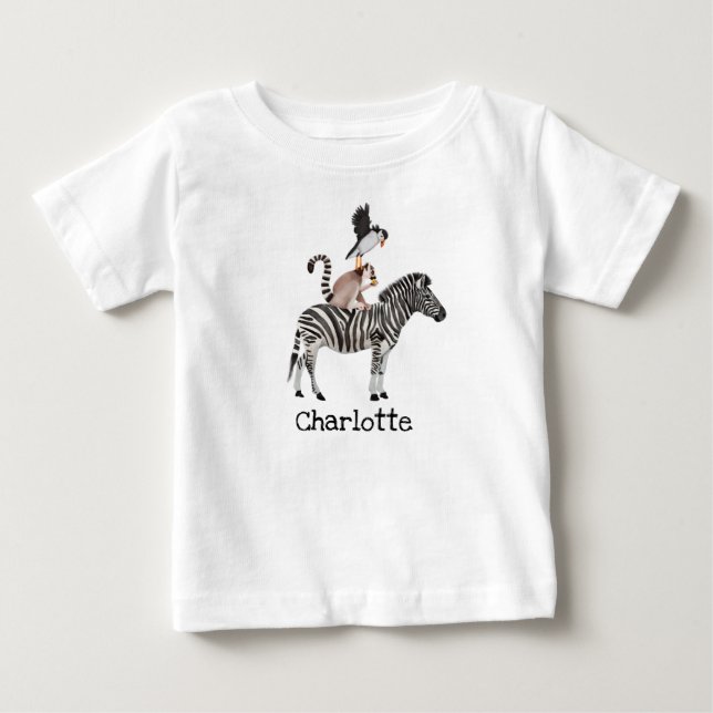 Cute Safari Zebra Lemur Puffin Animals med Namn T Shirt (Framsida)