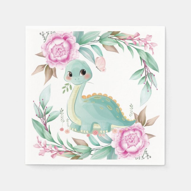Cute Sage Dinosaur och Rosa Peony Baby Shower Pappersservett (Framsidan)