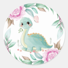 Cute Sage Dinosaur och Rosa Peony Baby Shower Runt Klistermärke