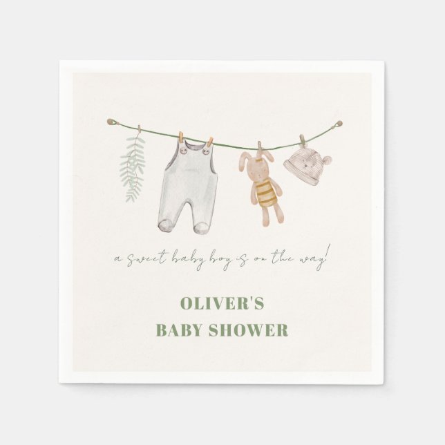 Cute Sage Grönt Boho Boy Clothes Baby Shower Pappersservett (Framsidan)