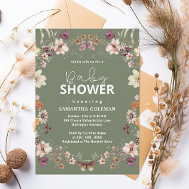 Cute Sage Grönt Boho Wildblomma Modern Baby Shower Inbjudningar
