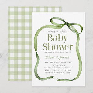 Cute sage grönt Bow Gingham Baby Shower-inbjudan Inbjudningar