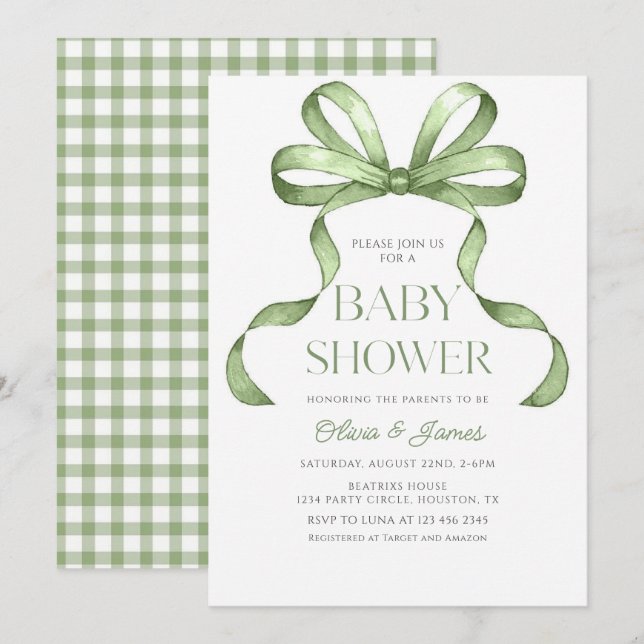 Cute sage grönt Bow Gingham Baby Shower Inbjudningar (Fram/baksida)