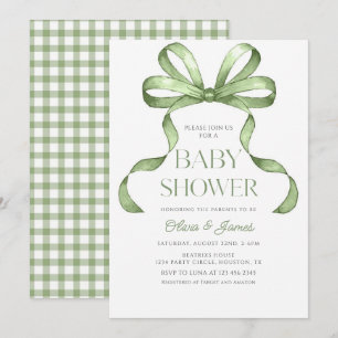 Cute sage grönt Bow Gingham Baby Shower Inbjudningar