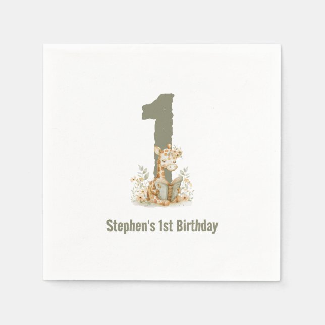 Cute Sage Grönt Giraffe 1:a födelsedagen Party Pappersservett (Framsidan)