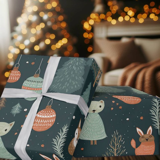 Cute Sage Grönt Winter Woodland Foxes jul Presentpapper (Skapare uppladdad)