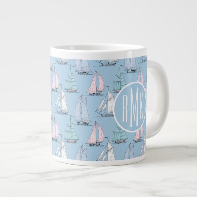 Cute Sailboat Mönster| Monogram Jumbo Mugg (Framsida höger)