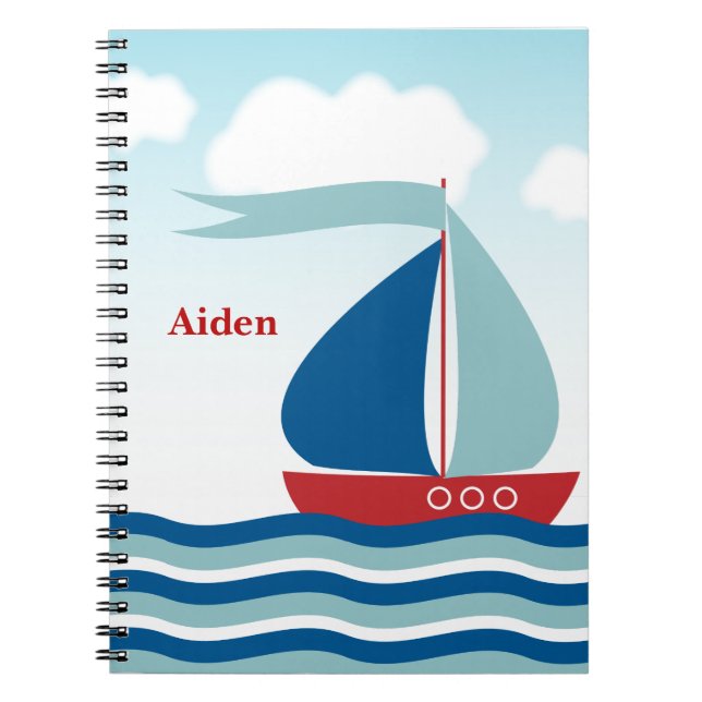 Cute Sailboat på Vatten Vinkara Monogram Anteckningsbok Med Spiral (Framsidan)