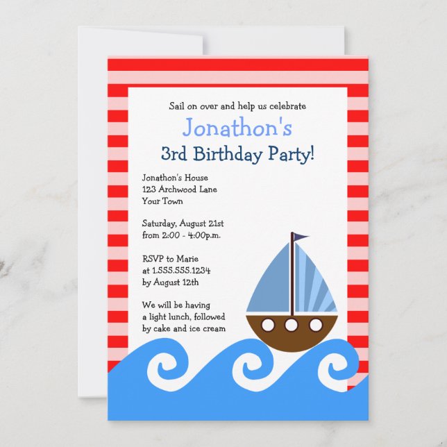 Cute Sailboat Red och Blue Birthday Inbjudan 5x7 (Framsida)