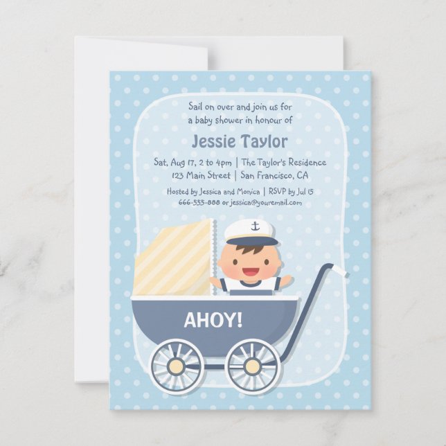 Cute Sailor i Barnvagn, Nautical Baby Shower Inbjudningar (Framsida)