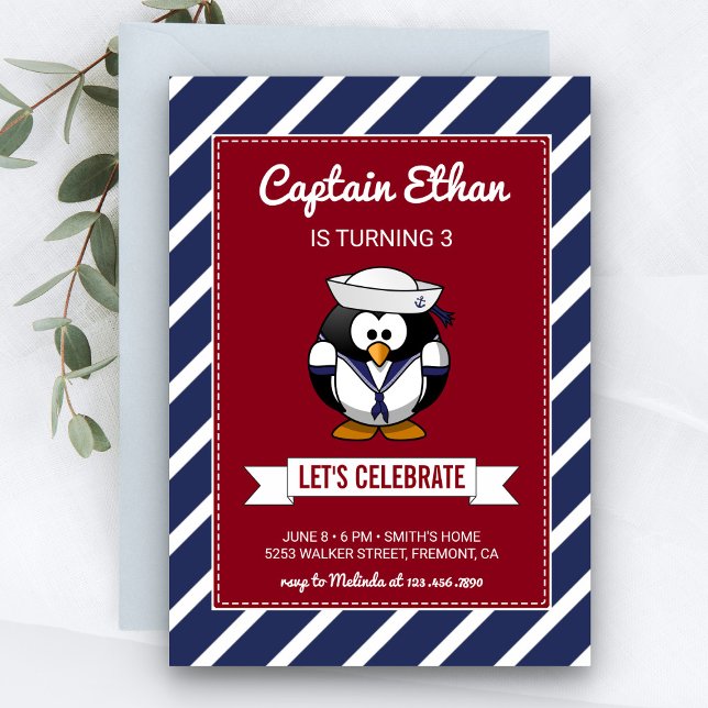 Cute Sailor Penguin Nautical Birthday bjudande Inbjudningar (Skapare uppladdad)